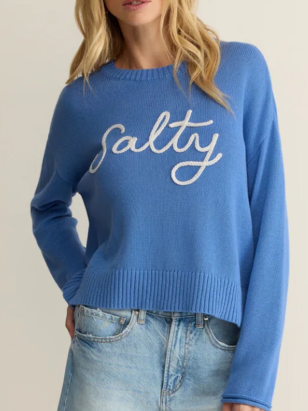 Z Supply Blue 'Salty' Crewneck Sweater with White Script “Salty”